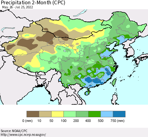 China, Mongolia and Taiwan Precipitation 2-Month (CPC) Thematic Map For 5/26/2022 - 7/25/2022