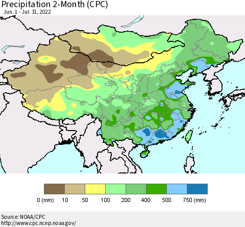 China, Mongolia and Taiwan Precipitation 2-Month (CPC) Thematic Map For 6/1/2022 - 7/31/2022
