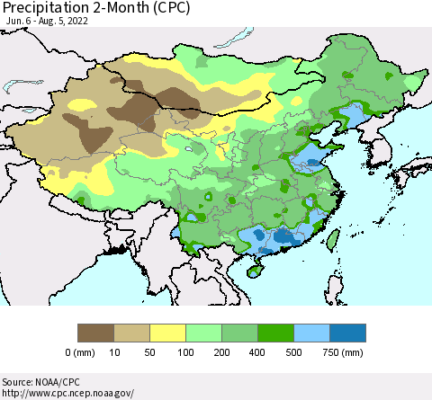 China, Mongolia and Taiwan Precipitation 2-Month (CPC) Thematic Map For 6/6/2022 - 8/5/2022