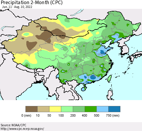 China, Mongolia and Taiwan Precipitation 2-Month (CPC) Thematic Map For 6/11/2022 - 8/10/2022