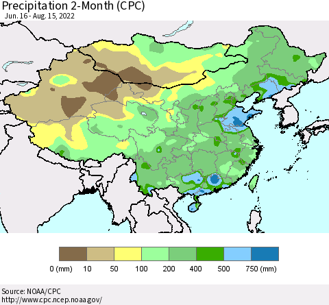 China, Mongolia and Taiwan Precipitation 2-Month (CPC) Thematic Map For 6/16/2022 - 8/15/2022