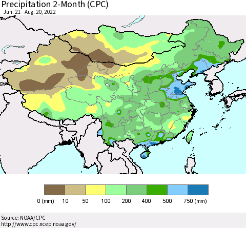 China, Mongolia and Taiwan Precipitation 2-Month (CPC) Thematic Map For 6/21/2022 - 8/20/2022