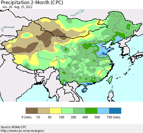China, Mongolia and Taiwan Precipitation 2-Month (CPC) Thematic Map For 6/26/2022 - 8/25/2022