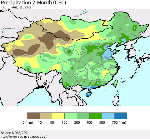 China, Mongolia and Taiwan Precipitation 2-Month (CPC) Thematic Map For 7/1/2022 - 8/31/2022
