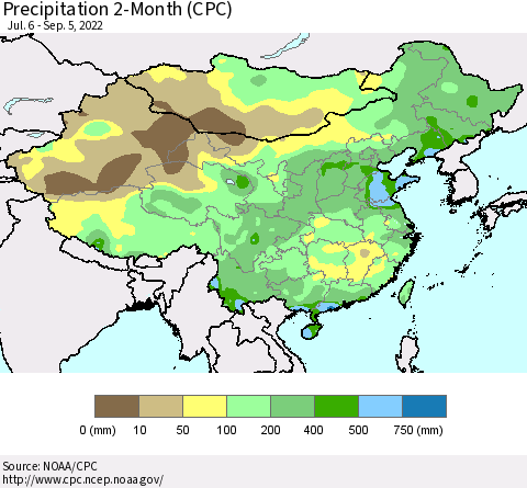 China, Mongolia and Taiwan Precipitation 2-Month (CPC) Thematic Map For 7/6/2022 - 9/5/2022