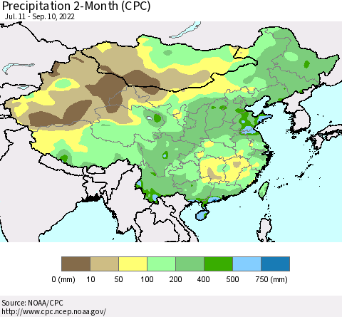 China, Mongolia and Taiwan Precipitation 2-Month (CPC) Thematic Map For 7/11/2022 - 9/10/2022