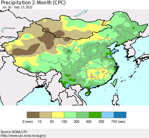 China, Mongolia and Taiwan Precipitation 2-Month (CPC) Thematic Map For 7/16/2022 - 9/15/2022