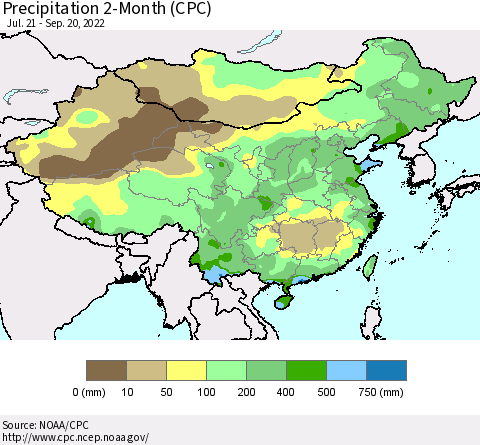China, Mongolia and Taiwan Precipitation 2-Month (CPC) Thematic Map For 7/21/2022 - 9/20/2022