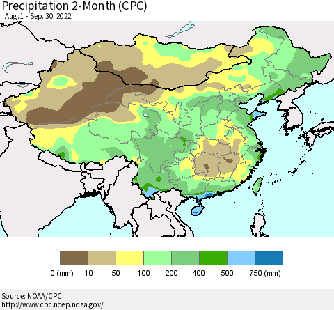 China, Mongolia and Taiwan Precipitation 2-Month (CPC) Thematic Map For 8/1/2022 - 9/30/2022