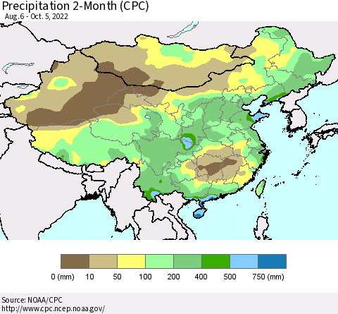China, Mongolia and Taiwan Precipitation 2-Month (CPC) Thematic Map For 8/6/2022 - 10/5/2022