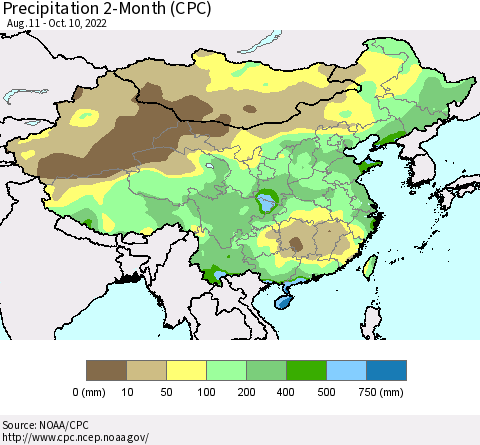 China, Mongolia and Taiwan Precipitation 2-Month (CPC) Thematic Map For 8/11/2022 - 10/10/2022