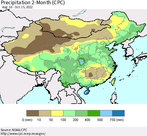 China, Mongolia and Taiwan Precipitation 2-Month (CPC) Thematic Map For 8/16/2022 - 10/15/2022