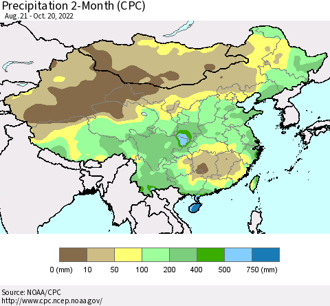 China, Mongolia and Taiwan Precipitation 2-Month (CPC) Thematic Map For 8/21/2022 - 10/20/2022