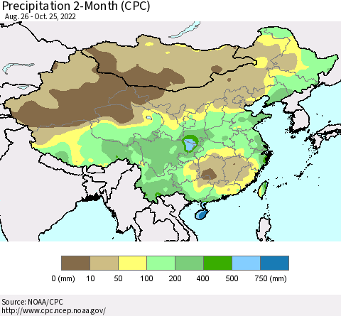 China, Mongolia and Taiwan Precipitation 2-Month (CPC) Thematic Map For 8/26/2022 - 10/25/2022