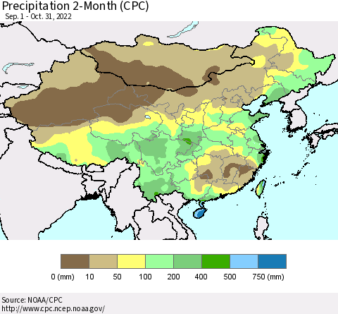 China, Mongolia and Taiwan Precipitation 2-Month (CPC) Thematic Map For 9/1/2022 - 10/31/2022