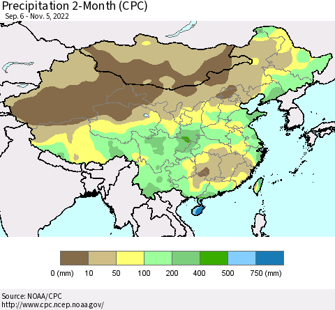 China, Mongolia and Taiwan Precipitation 2-Month (CPC) Thematic Map For 9/6/2022 - 11/5/2022