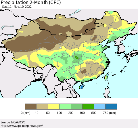 China, Mongolia and Taiwan Precipitation 2-Month (CPC) Thematic Map For 9/11/2022 - 11/10/2022