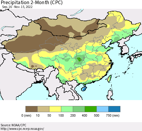 China, Mongolia and Taiwan Precipitation 2-Month (CPC) Thematic Map For 9/16/2022 - 11/15/2022