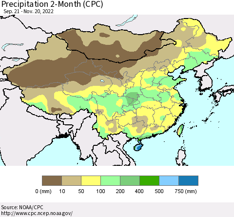 China, Mongolia and Taiwan Precipitation 2-Month (CPC) Thematic Map For 9/21/2022 - 11/20/2022