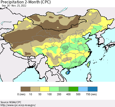 China, Mongolia and Taiwan Precipitation 2-Month (CPC) Thematic Map For 9/26/2022 - 11/25/2022