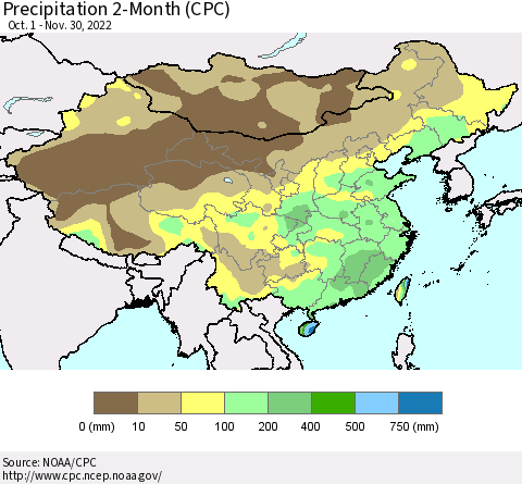 China, Mongolia and Taiwan Precipitation 2-Month (CPC) Thematic Map For 10/1/2022 - 11/30/2022