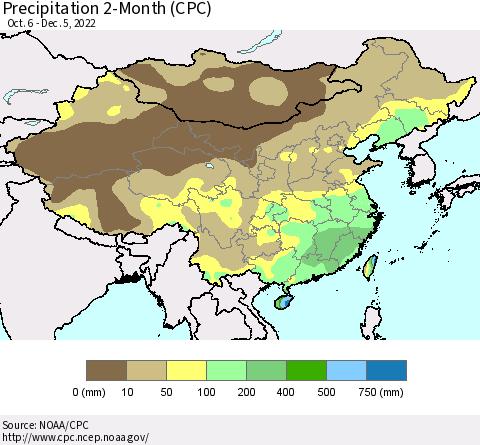 China, Mongolia and Taiwan Precipitation 2-Month (CPC) Thematic Map For 10/6/2022 - 12/5/2022