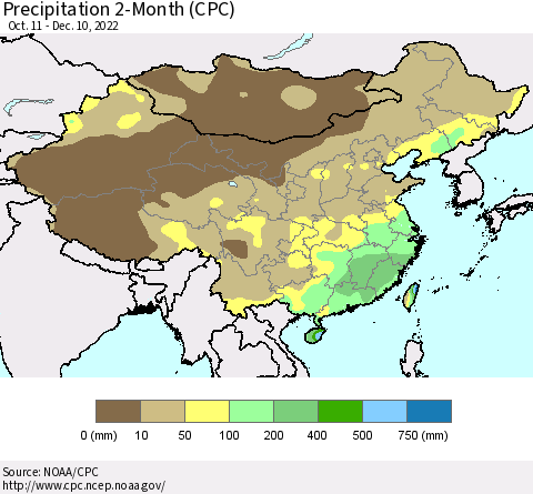 China, Mongolia and Taiwan Precipitation 2-Month (CPC) Thematic Map For 10/11/2022 - 12/10/2022