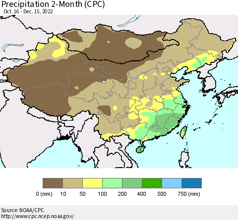 China, Mongolia and Taiwan Precipitation 2-Month (CPC) Thematic Map For 10/16/2022 - 12/15/2022