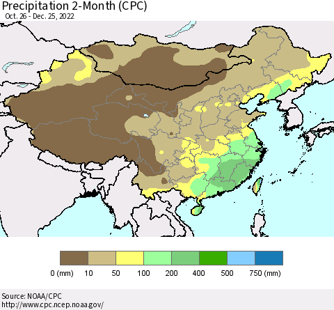 China, Mongolia and Taiwan Precipitation 2-Month (CPC) Thematic Map For 10/26/2022 - 12/25/2022