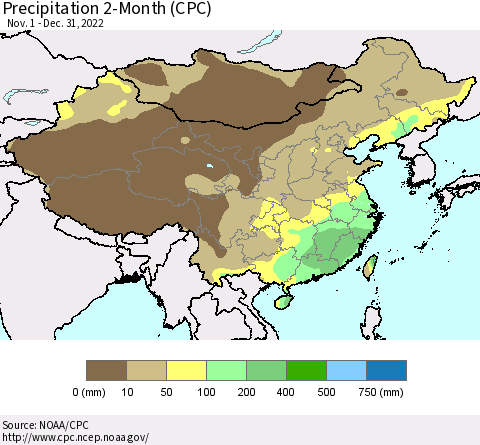 China, Mongolia and Taiwan Precipitation 2-Month (CPC) Thematic Map For 11/1/2022 - 12/31/2022