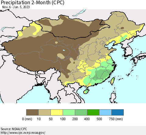China, Mongolia and Taiwan Precipitation 2-Month (CPC) Thematic Map For 11/6/2022 - 1/5/2023