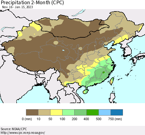 China, Mongolia and Taiwan Precipitation 2-Month (CPC) Thematic Map For 11/16/2022 - 1/15/2023