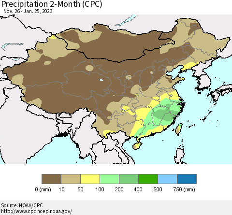 China, Mongolia and Taiwan Precipitation 2-Month (CPC) Thematic Map For 11/26/2022 - 1/25/2023