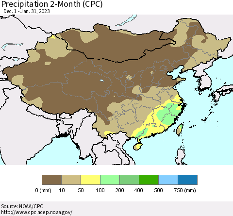 China, Mongolia and Taiwan Precipitation 2-Month (CPC) Thematic Map For 12/1/2022 - 1/31/2023