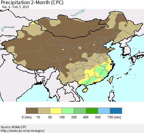 China, Mongolia and Taiwan Precipitation 2-Month (CPC) Thematic Map For 12/6/2022 - 2/5/2023