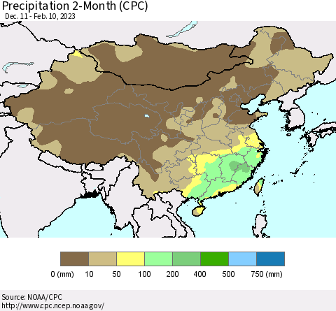 China, Mongolia and Taiwan Precipitation 2-Month (CPC) Thematic Map For 12/11/2022 - 2/10/2023