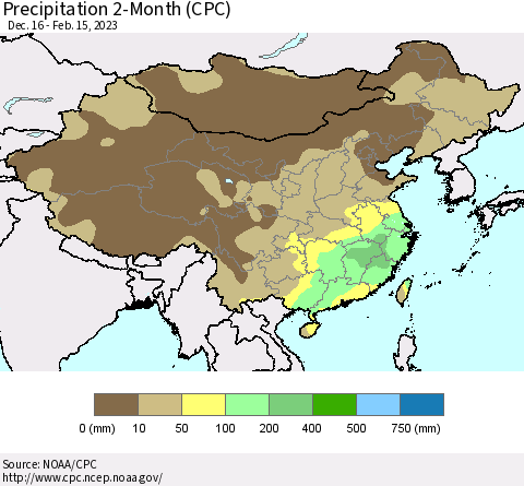 China, Mongolia and Taiwan Precipitation 2-Month (CPC) Thematic Map For 12/16/2022 - 2/15/2023