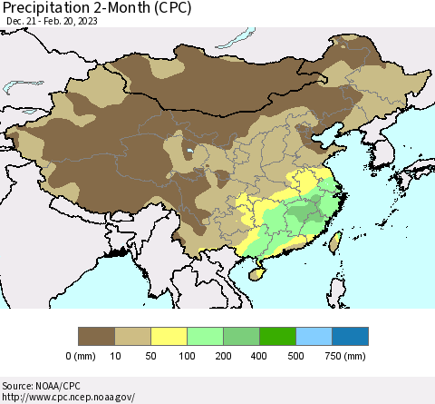 China, Mongolia and Taiwan Precipitation 2-Month (CPC) Thematic Map For 12/21/2022 - 2/20/2023