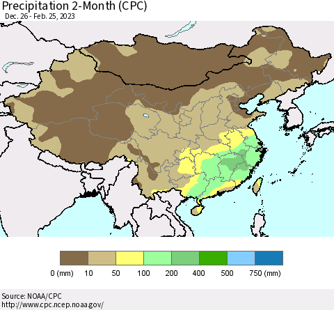 China, Mongolia and Taiwan Precipitation 2-Month (CPC) Thematic Map For 12/26/2022 - 2/25/2023