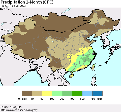 China, Mongolia and Taiwan Precipitation 2-Month (CPC) Thematic Map For 1/1/2023 - 2/28/2023