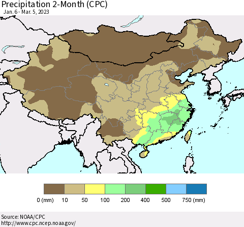 China, Mongolia and Taiwan Precipitation 2-Month (CPC) Thematic Map For 1/6/2023 - 3/5/2023