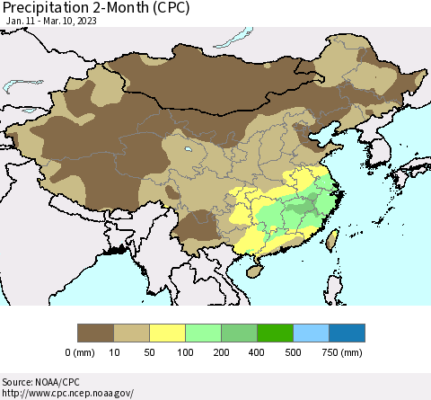 China, Mongolia and Taiwan Precipitation 2-Month (CPC) Thematic Map For 1/11/2023 - 3/10/2023