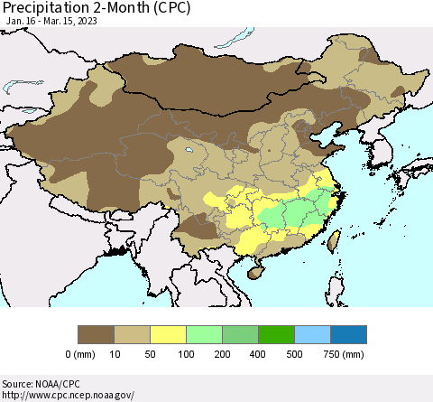 China, Mongolia and Taiwan Precipitation 2-Month (CPC) Thematic Map For 1/16/2023 - 3/15/2023