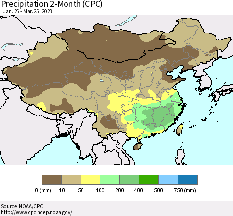China, Mongolia and Taiwan Precipitation 2-Month (CPC) Thematic Map For 1/26/2023 - 3/25/2023