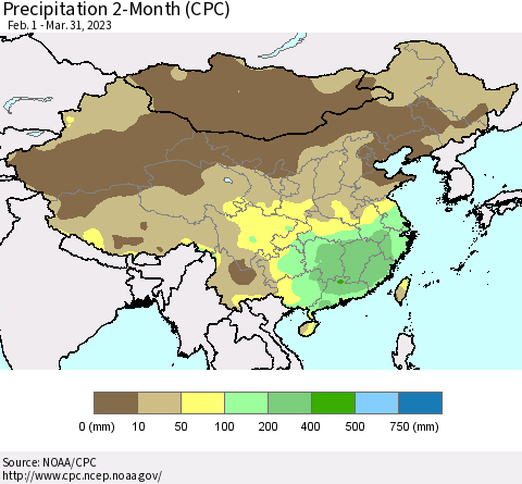 China, Mongolia and Taiwan Precipitation 2-Month (CPC) Thematic Map For 2/1/2023 - 3/31/2023