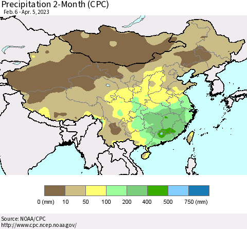 China, Mongolia and Taiwan Precipitation 2-Month (CPC) Thematic Map For 2/6/2023 - 4/5/2023