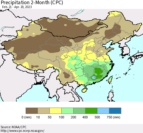 China, Mongolia and Taiwan Precipitation 2-Month (CPC) Thematic Map For 2/21/2023 - 4/20/2023