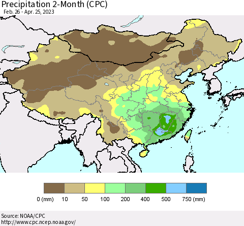 China, Mongolia and Taiwan Precipitation 2-Month (CPC) Thematic Map For 2/26/2023 - 4/25/2023