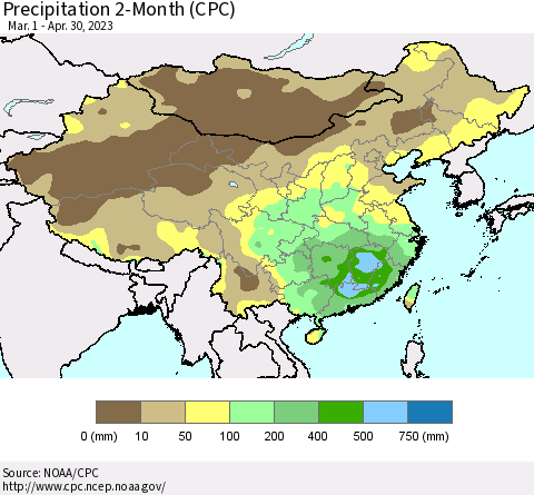 China, Mongolia and Taiwan Precipitation 2-Month (CPC) Thematic Map For 3/1/2023 - 4/30/2023