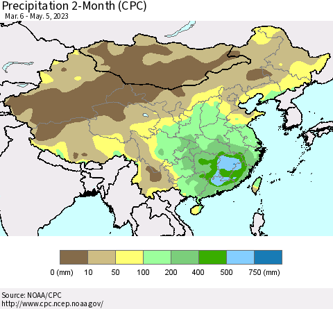 China, Mongolia and Taiwan Precipitation 2-Month (CPC) Thematic Map For 3/6/2023 - 5/5/2023